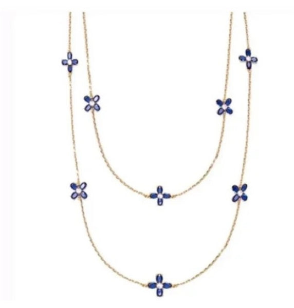 Tory Burch Long Swarovski Crystal Blue Flowers Necklace Gold & Blue