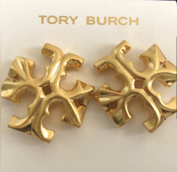 Tory Burch Double T Logo Roxanne Gold Medium Stud Earrings