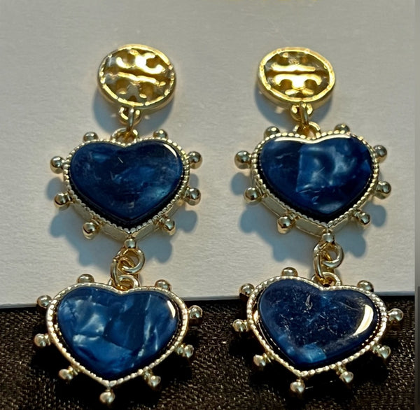 Tory Burch Logo Gold Plated Brass and Blue Lapis Stone Heart Drop Earrings