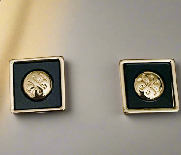 Tory Burch Gold And Black Resin Square With T Logo Stud Earrings