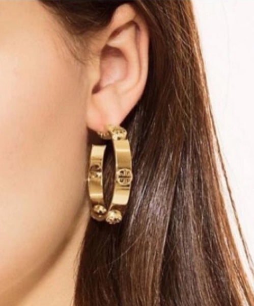 Tory Burch Milgrain Gold Logo Hoop Earrings