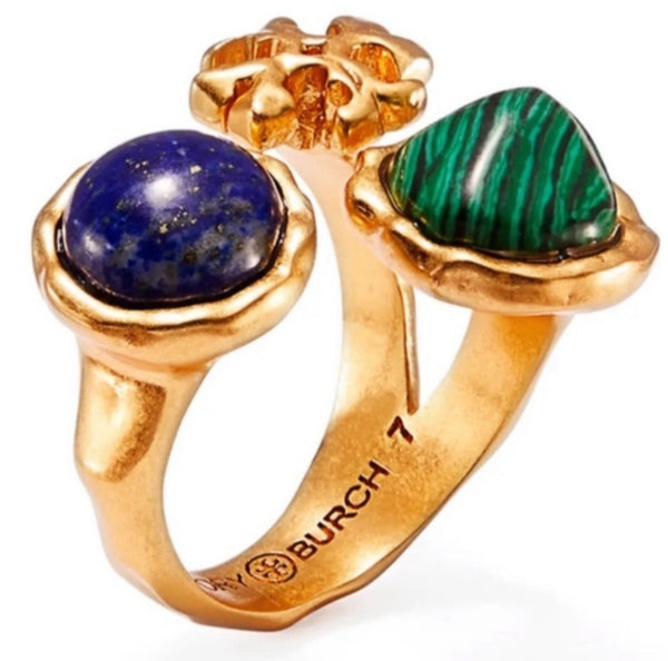 Tory Burch Roxanne Semiprecious Malachite Lapis Blue Green Statement Ring Size 7 Adjustable