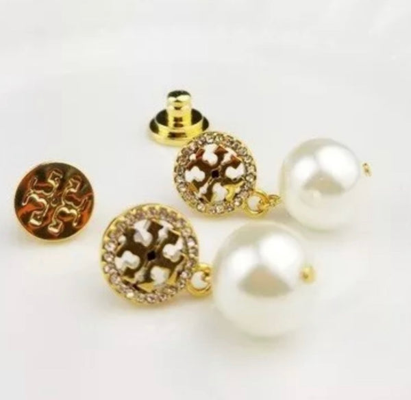 Tory Burch Crystal Logo Pearl Drop Earrings