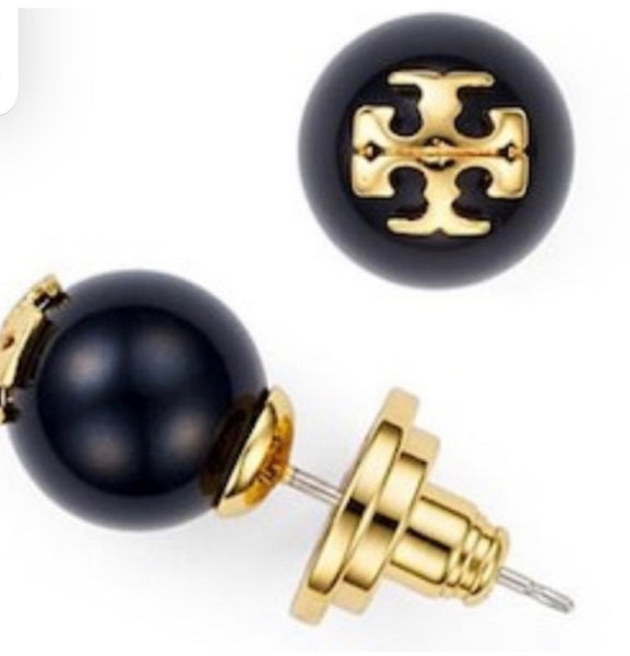 Tory Burch Evie Crystal Pearl Stud Earrings Black With Gold Tory Logo