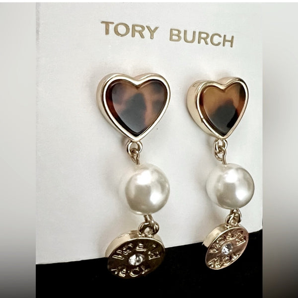 Tory Burch Logo Gold Plated Brass and Semi Precious Tortoise Heart Pearl Stone Drop Earrings