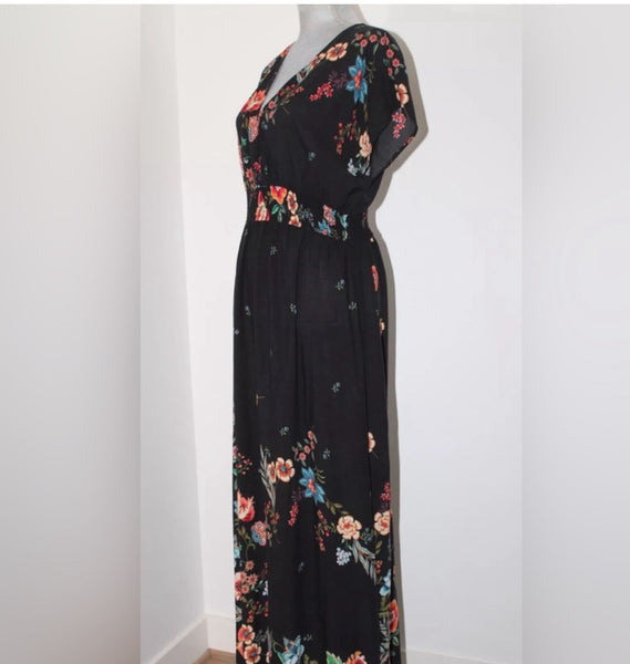 Johnny Was Ardell Black Floral Smocked Maxi Dress Size XX Large