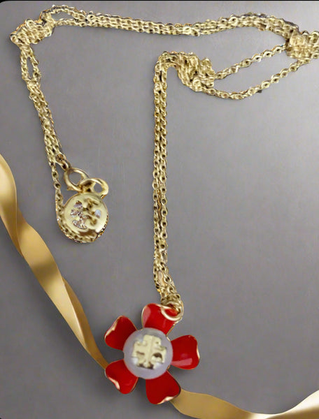 Tory Burch Gold And Samba Red Pearl Flower Necklace