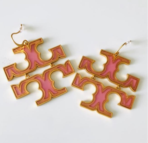 Tory Burch Transparent Logo Drop Earrings Pink And Gold