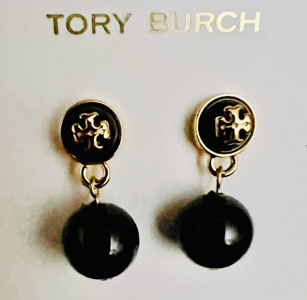 Tory Burch Black and Gold Saher Double-T Logos On Simulated Glass Pearls Drop Earrings