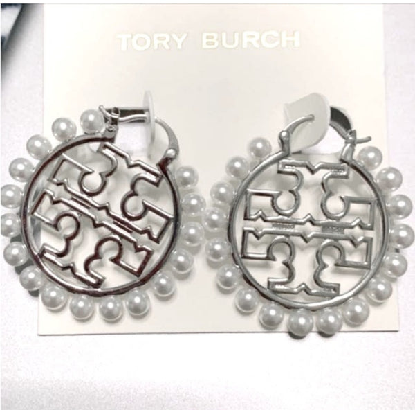 Tory Burch Silver Miller Wire Hoop Pearl Logo Earrings