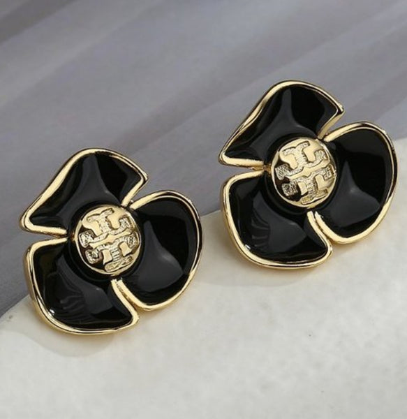 Tory Burch Black Gold Fleur Logo Stud Earrings