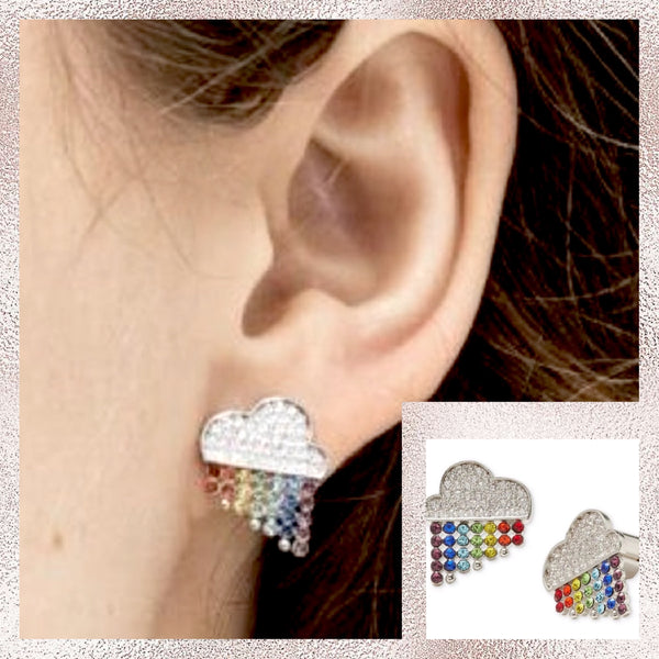 Kate Spade Into The Sky Raining Cloud Earrings Sliver Stud With Multicolor Crystals