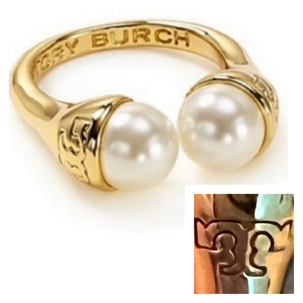 Tory Burch Gold Pearl Bud Logo Ring Size 7