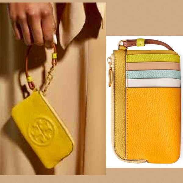 Tory Burch Perry Bombé Leather Color Block Zip Card Case Wristlet Yellow And Multicolor