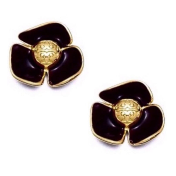 Tory Burch Black Gold Fleur Logo Stud Earrings