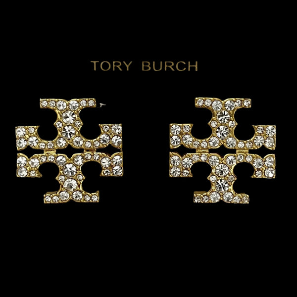 Tory Burch Kira Crystal Pave T Logo Gold Stud Earrings