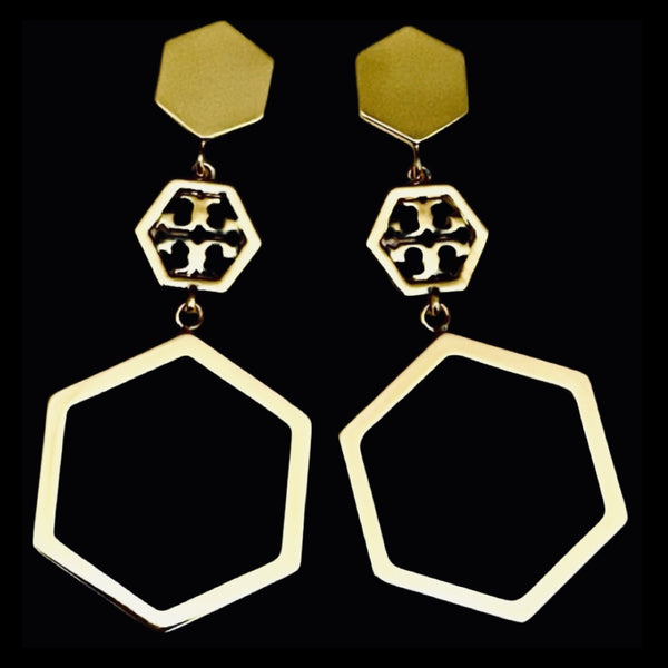 Tory Burch Geo Hexagon Logo Drop Shiny Gold Earrings