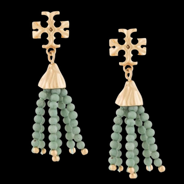 Tory Burch Roxanne Small Gold And Green Tassels Drop Earrings