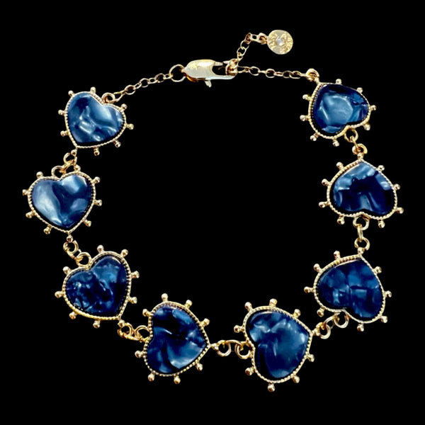 Tory Burch Gold Plated Brass and Blue Lapis Stone Heart Charm Bracelet