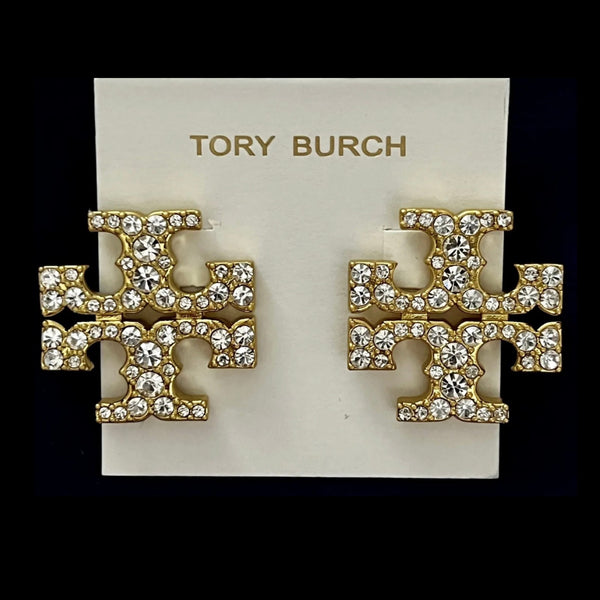 Tory Burch Kira Crystal Pave T Logo Gold Stud Earrings