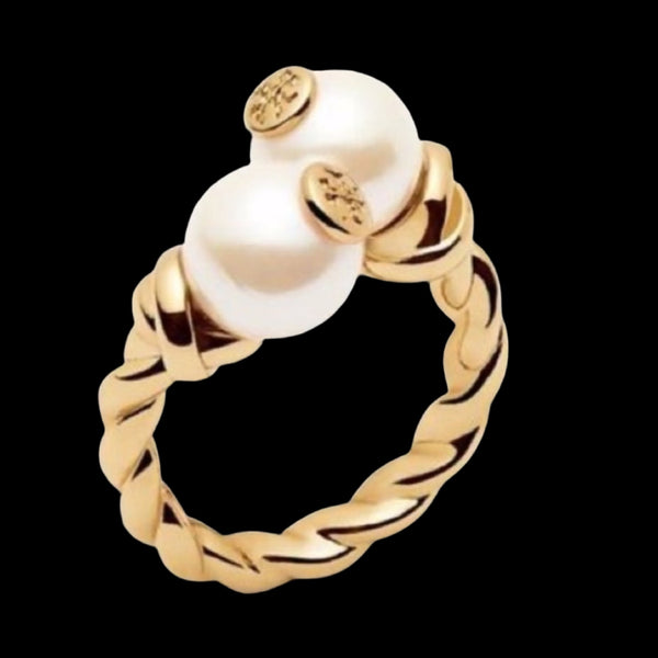 Tory Burch Logo Faux Pearl Bud Rope Bead Ring Size 7 Adjustable