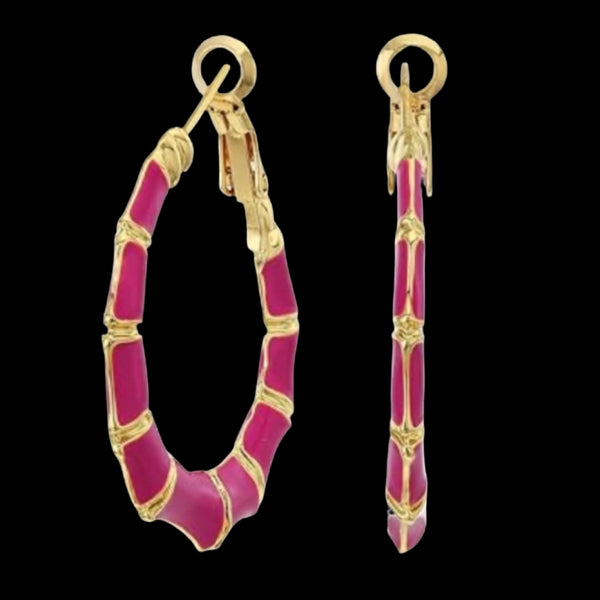 Shashi 18K Gold Plated Bamboo Textured Hoop Earrings Gold And Fuchsia