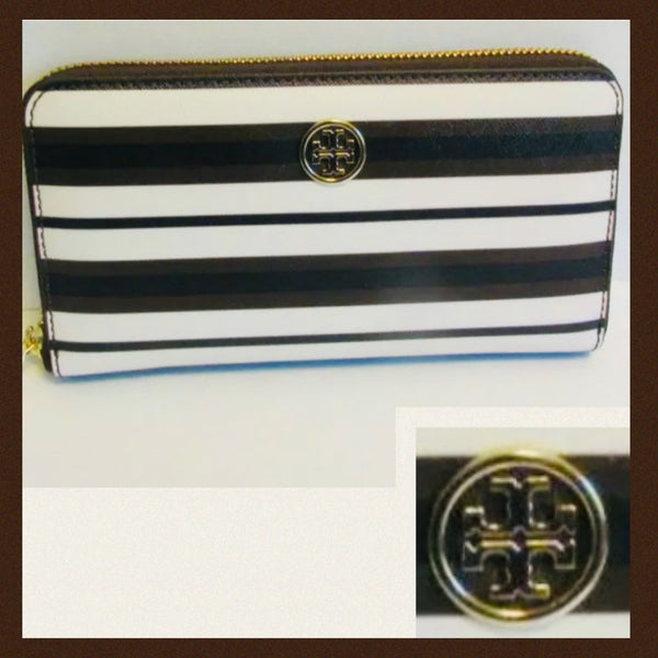 Tory Burch Robinson Printed Zip Continental Wallet in Black Brown And White Raisin Stripe