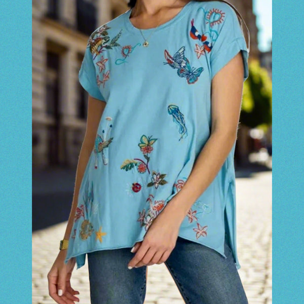 Johnny Was Zoe Embroidered Draped T-Shirt Small