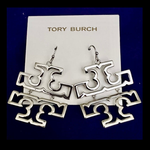 Tory Burch Britten Silver Drop Earrings Rhodium Plated Shiny Finish