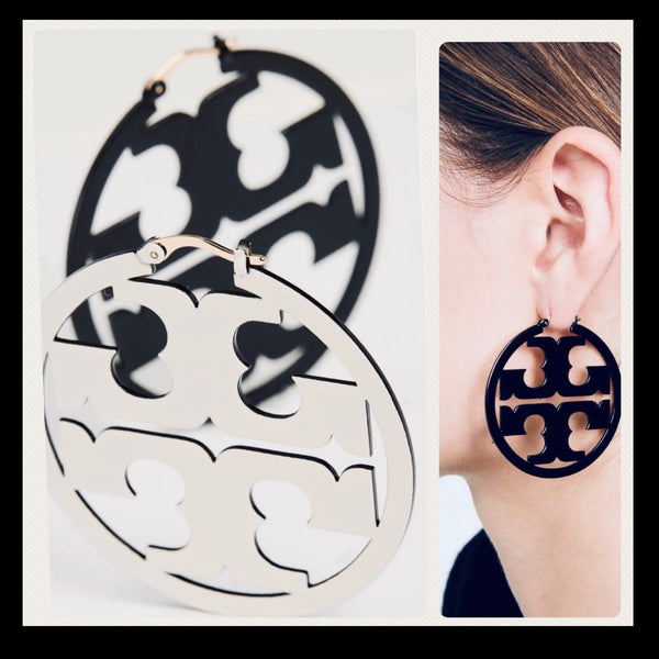 Tory Burch Miller Logo Hoop Earrings Painted Black and French Cream