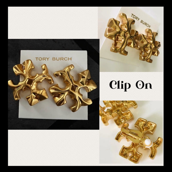 Tory Burch Double T Logo Roxanne Golden Large Clip On Stud Earrings