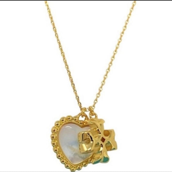 Tory Burch Roxanne Gold and Mother of Pearl Heart Logo Charm Pendant Necklace