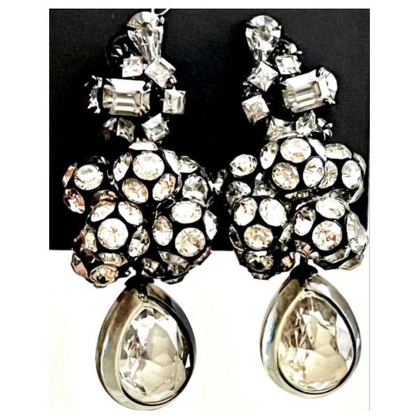 J. CREW Caterpillar Earrings With Cluster Rhinestones Silver And Black Tone Finish