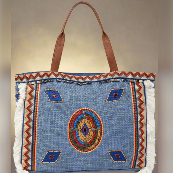 Sam Edelman Geometric Shape Denim Vibrant Geometric Shape Trim Tote Bag