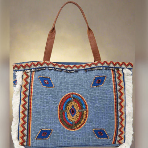 Sam Edelman Geometric Shape Denim Vibrant Geometric Shape Trim Tote Bag