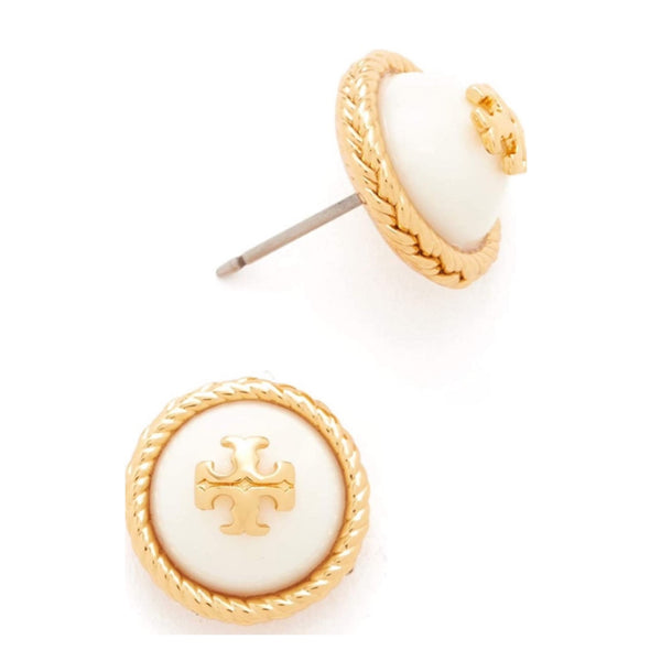 Tory Burch White Glass Cabochon Rope Gold Stud Earrings