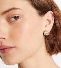 Tory Burch Kira Mother Of Pearl Gold Tone And Sparkling Crystals Logo Stud Earrings