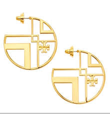 Tory Burch Chevron Cutout Hoop Earrings With Tory Logo Shiny Gold