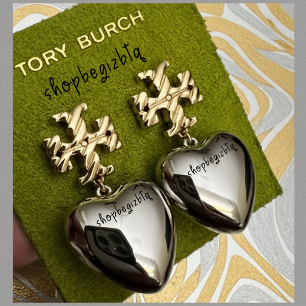 Authentic Tory Burch Textured Heart Drop Earrings in Gold and Silver