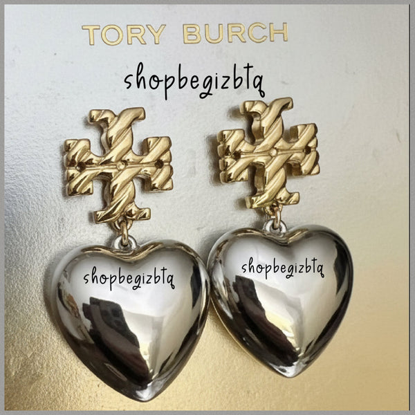 Authentic Tory Burch Textured Heart Drop Earrings in Gold and Silver