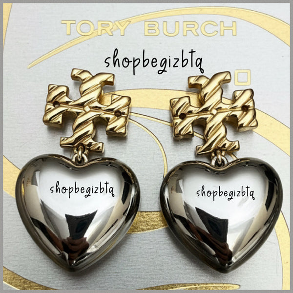 Authentic Tory Burch Textured Heart Drop Earrings in Gold and Silver