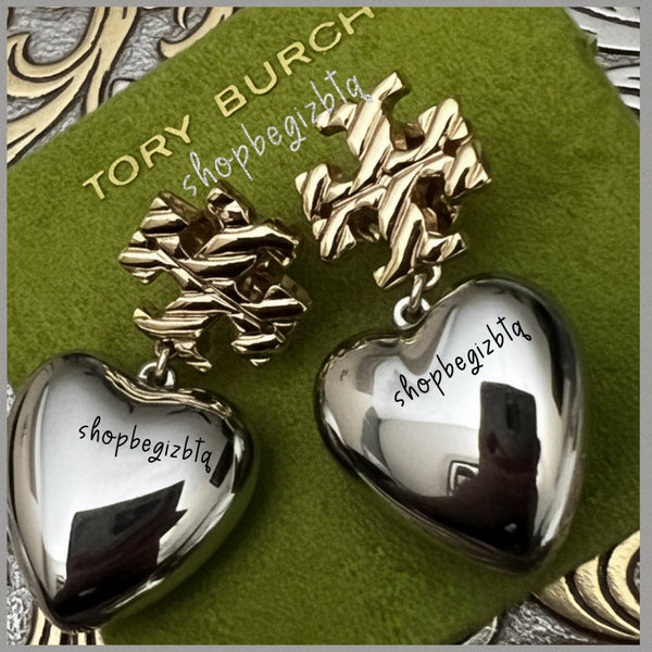 Authentic Tory Burch Textured Heart Drop Earrings in Gold and Silver