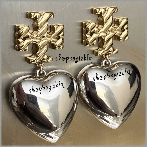 Authentic Tory Burch Textured Heart Drop Earrings in Gold and Silver