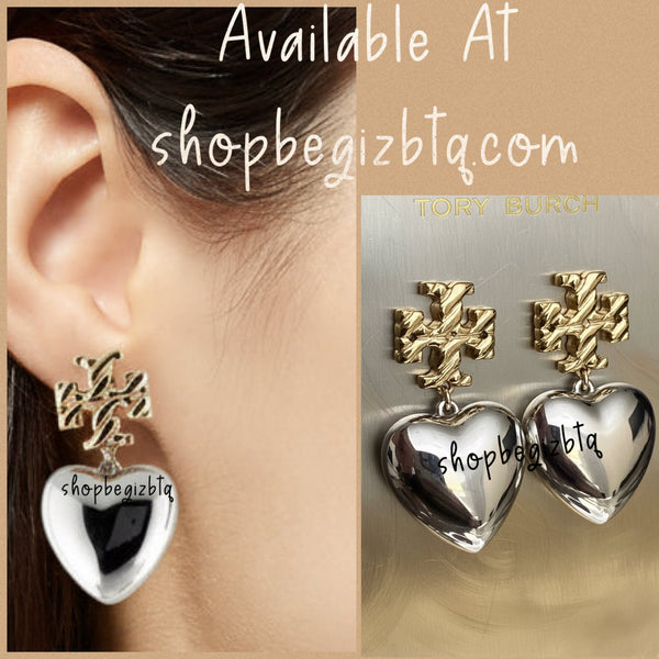 Authentic Tory Burch Textured Heart Drop Earrings in Gold and Silver