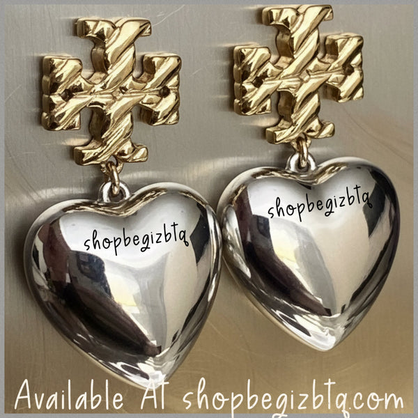 Authentic Tory Burch Textured Heart Drop Earrings in Gold and Silver