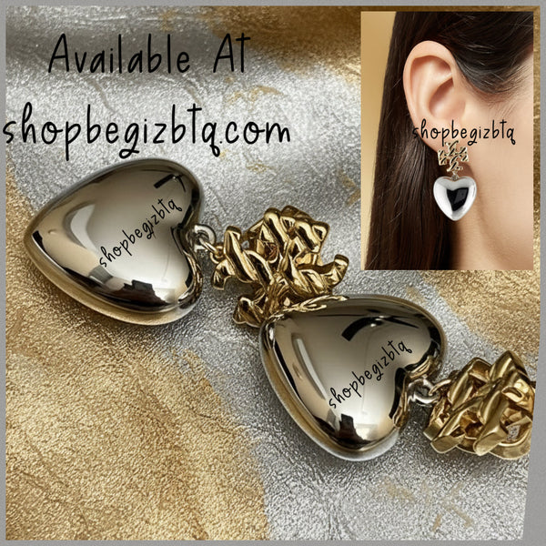 Authentic Tory Burch Textured Heart Drop Earrings in Gold and Silver