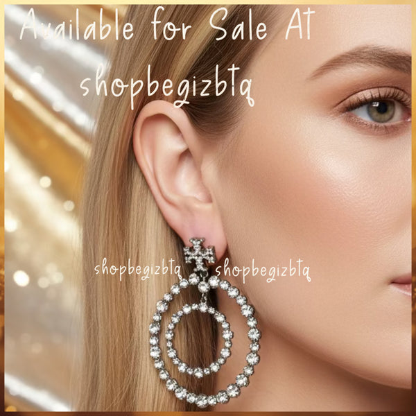 Tory Burch Gunmetal Crystal Doorknocker Hoop Earrings