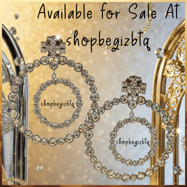 Tory Burch Gunmetal Crystal Doorknocker Hoop Earrings