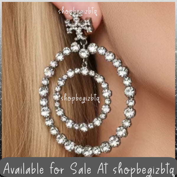 Tory Burch Gunmetal Crystal Doorknocker Hoop Earrings