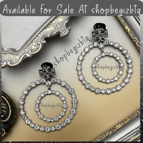 Tory Burch Gunmetal Crystal Doorknocker Hoop Earrings